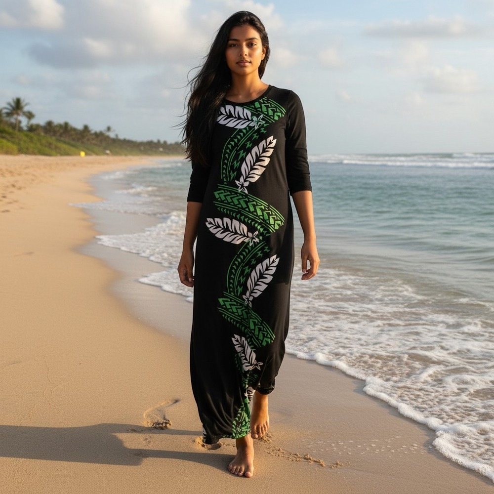 Polynesian Tribal, Tropical, Vacation, Island, Maxi Dress Green White Size 10
